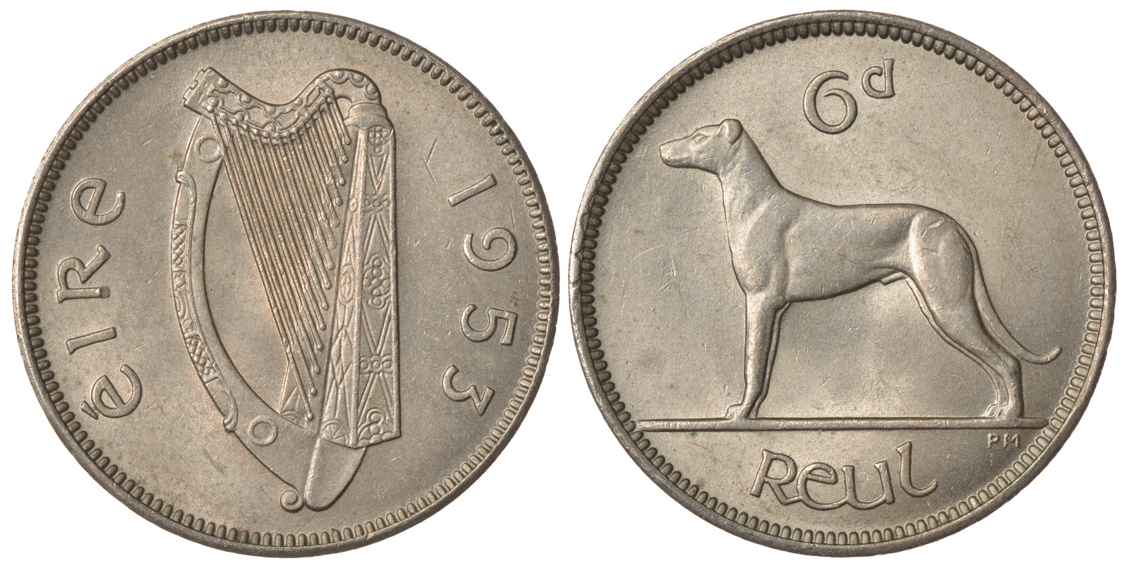 ИРЛАНДИЯ 6 ПЕНСОВ 1953 ИРЛАНДСКИЙ ВОЛКОДАВ KM 13a медно-никель aUNC 25-912