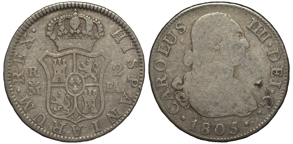 Испания 2 реала 1805 M FA, мондвор (Мадрид), Карлос IIII (1788-1808) KM 430.1 ( C69.1) серебро 650-913