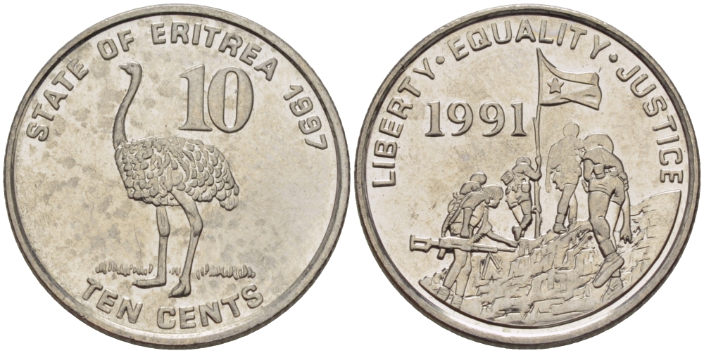 Эритрея 10 центов 1997 страус KM 45 сталь плакированная никелем UNC 67-1243