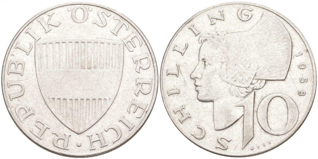 Австрия 10 шиллингов 1958 KM 2882 серебро 68-656