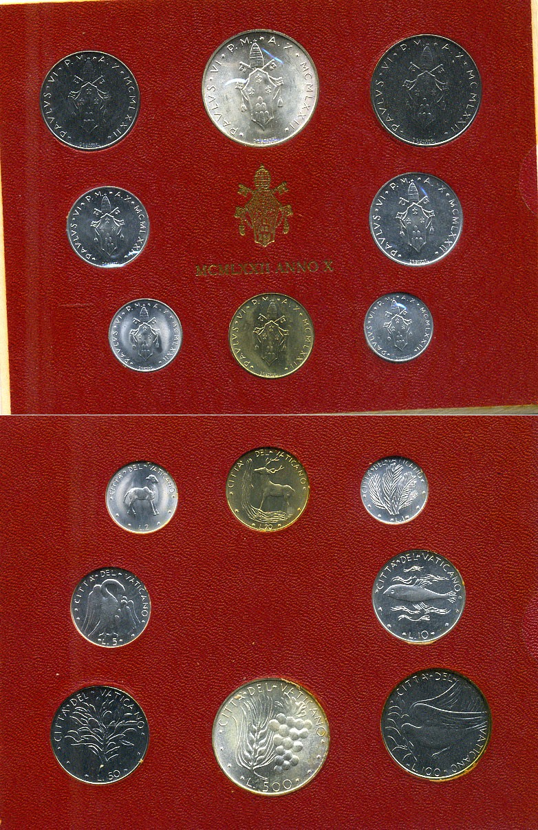 Ватикан набор из 8 монет 1972 1, 2, 5, 10, 20, 50, 100, 500 лир, в оригинальном буклете KM MS76 серебро UNC 8-1-01-19