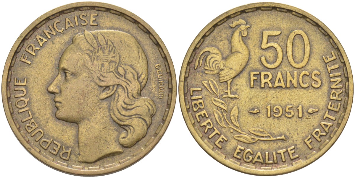 Франция 50 франков 1951 петух KM 918.1, Le Franc 425.5 алюминиевая бронза 4402-557