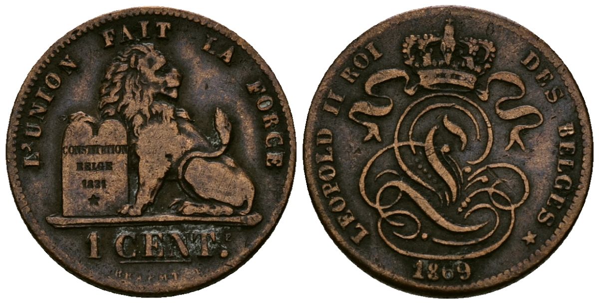 Бельгия 1 сантим 1869 KM 33.1 медь 4169-1065