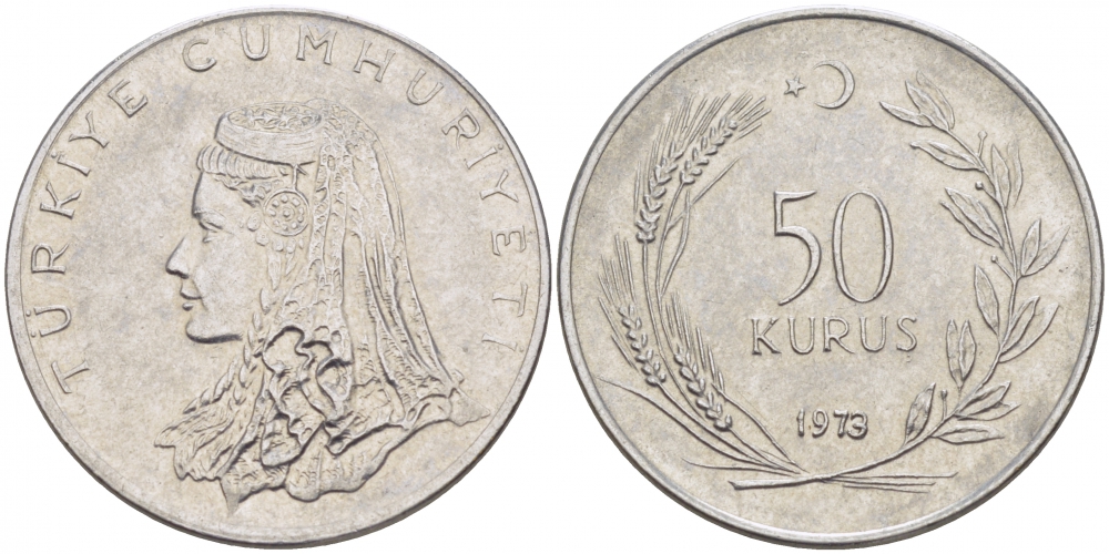 Турция 50 курушей 1973 Анатолийская невеста KM 899 нержавеющая сталь 4529-1222