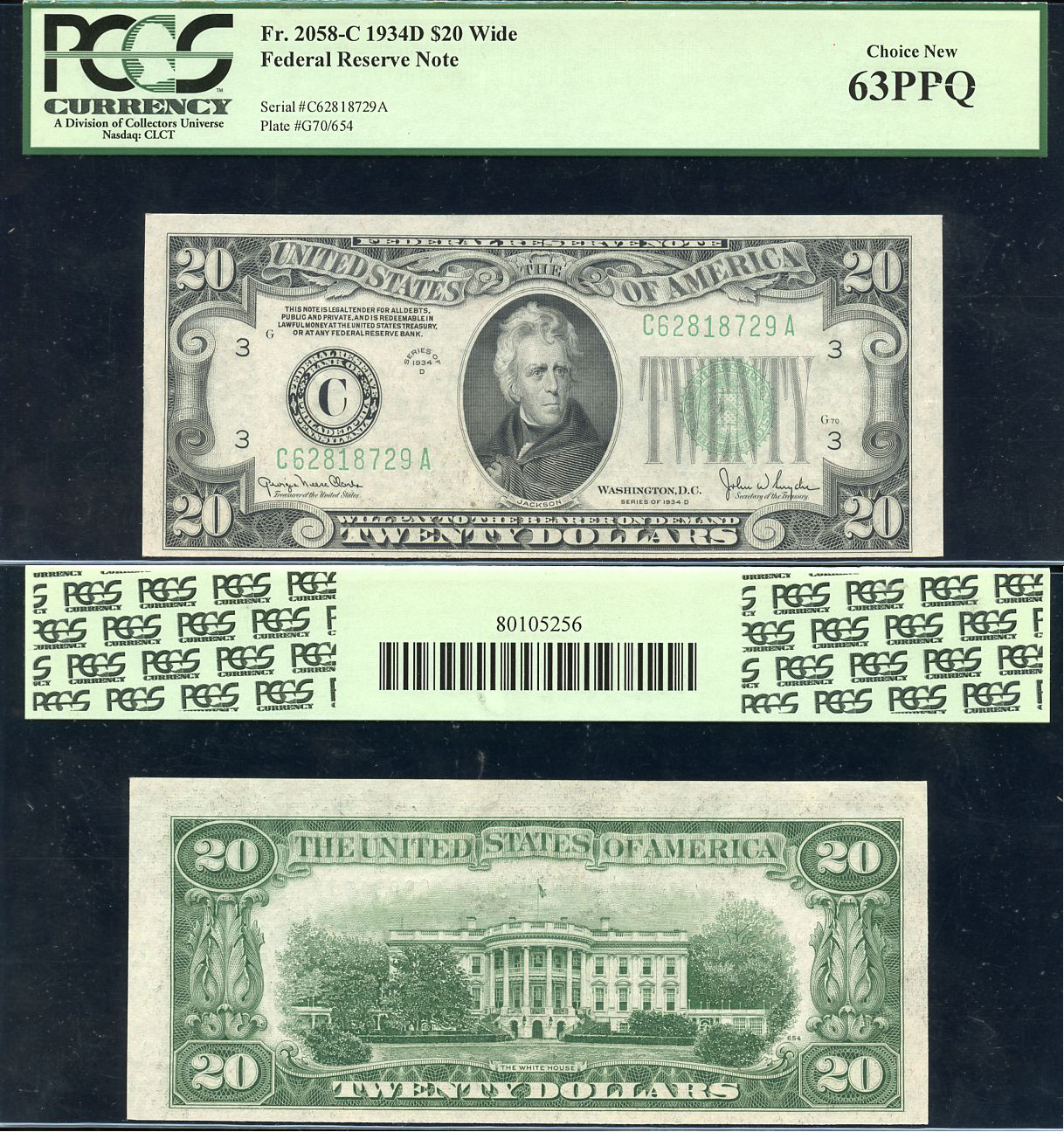США 20 долларов 1934 серия 1934D, C (Филадельфия), в слабе PCGS 63 Choice New Pick 431D d, Fr. 2058-C  бумага  UNC (пресс) 452-3-34