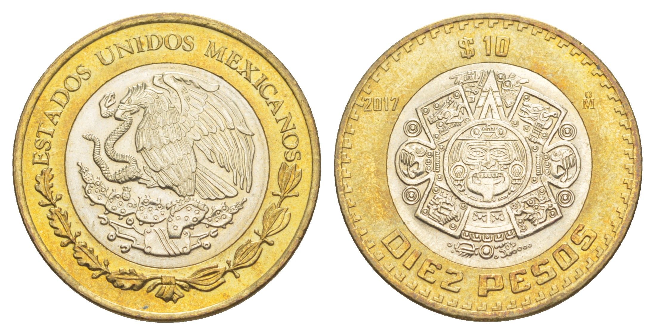 Мексика 10 песо 2017 Мо, бог Тонатиуха с огненной маской KM 616 биметалл UNC 4637-741