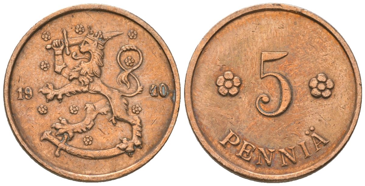 Финляндия 5 пенни 1940 KM 22 медь 4174-742