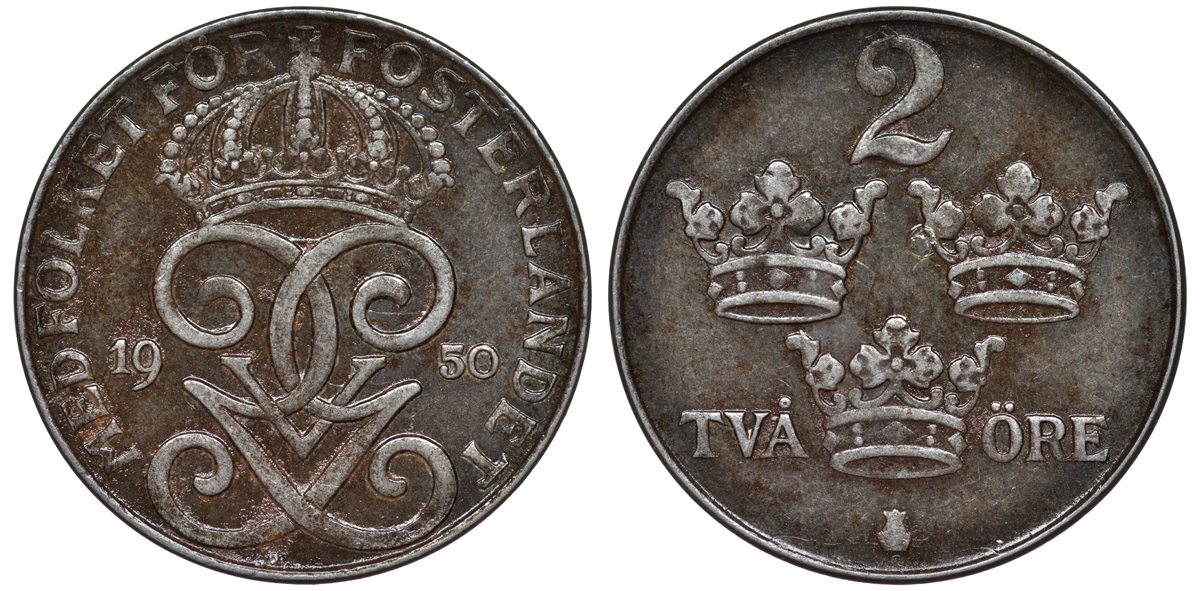 Швеция 2 эре 1950 Густав V (1907-1950) KM 811 железо 45-452