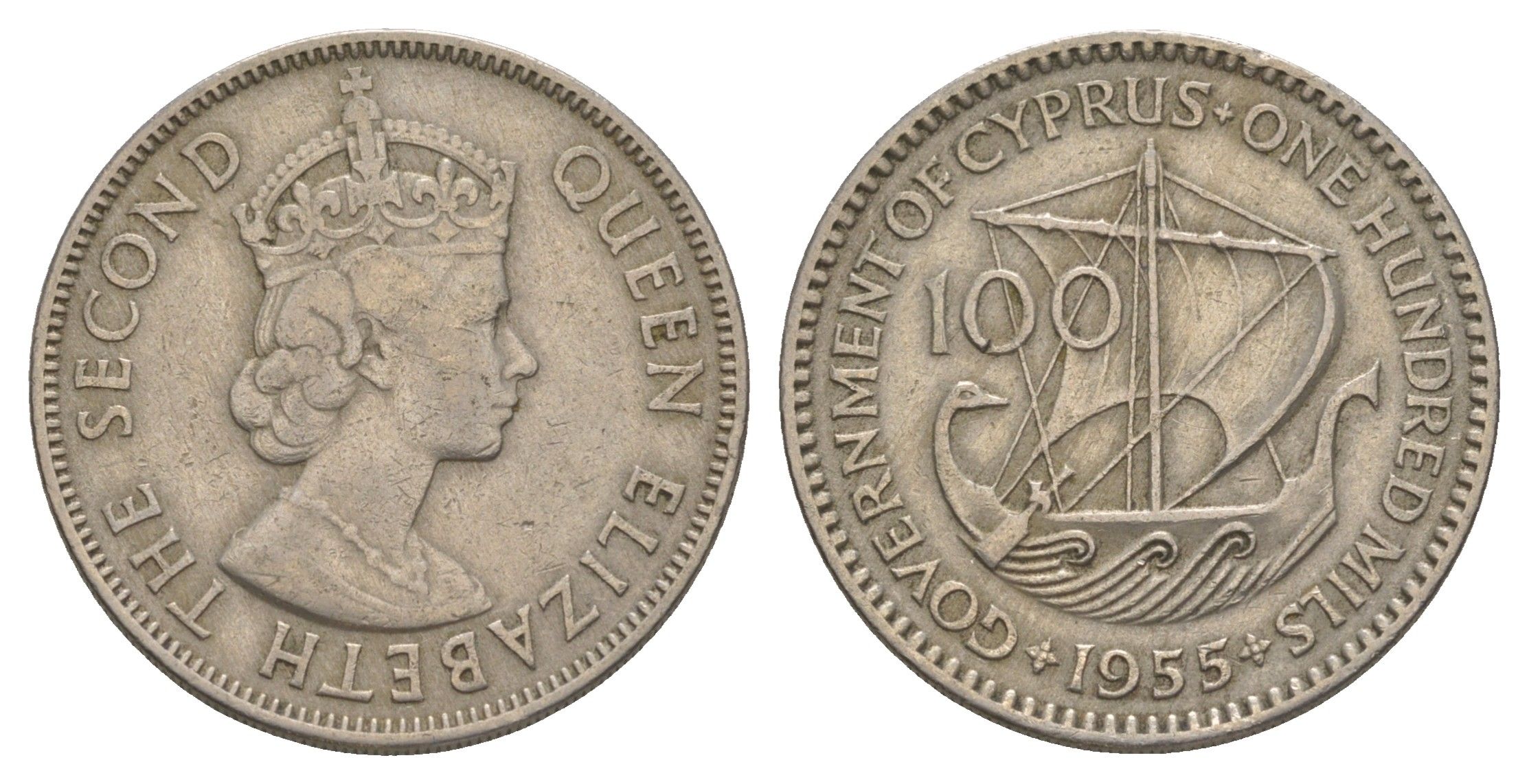 Кипр 100 милей 1955 Елизавета II (1952-2022) KM 37 медно-никель 4652-421