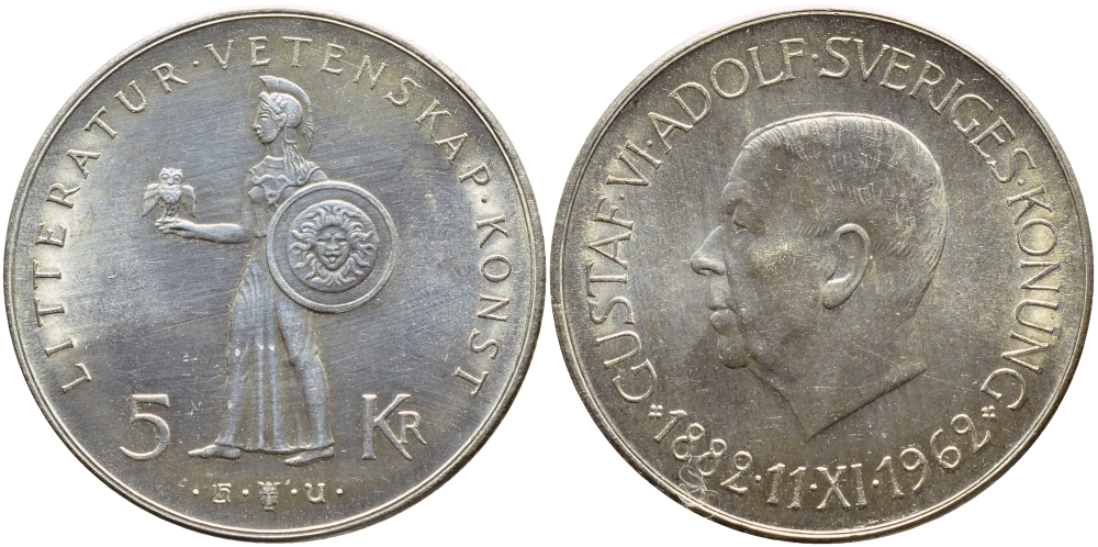 Швеция 5 крон 1962 U, Густав VI, 80 лет Густаву VI Адольфу KM 838 серебро UNC 00-00