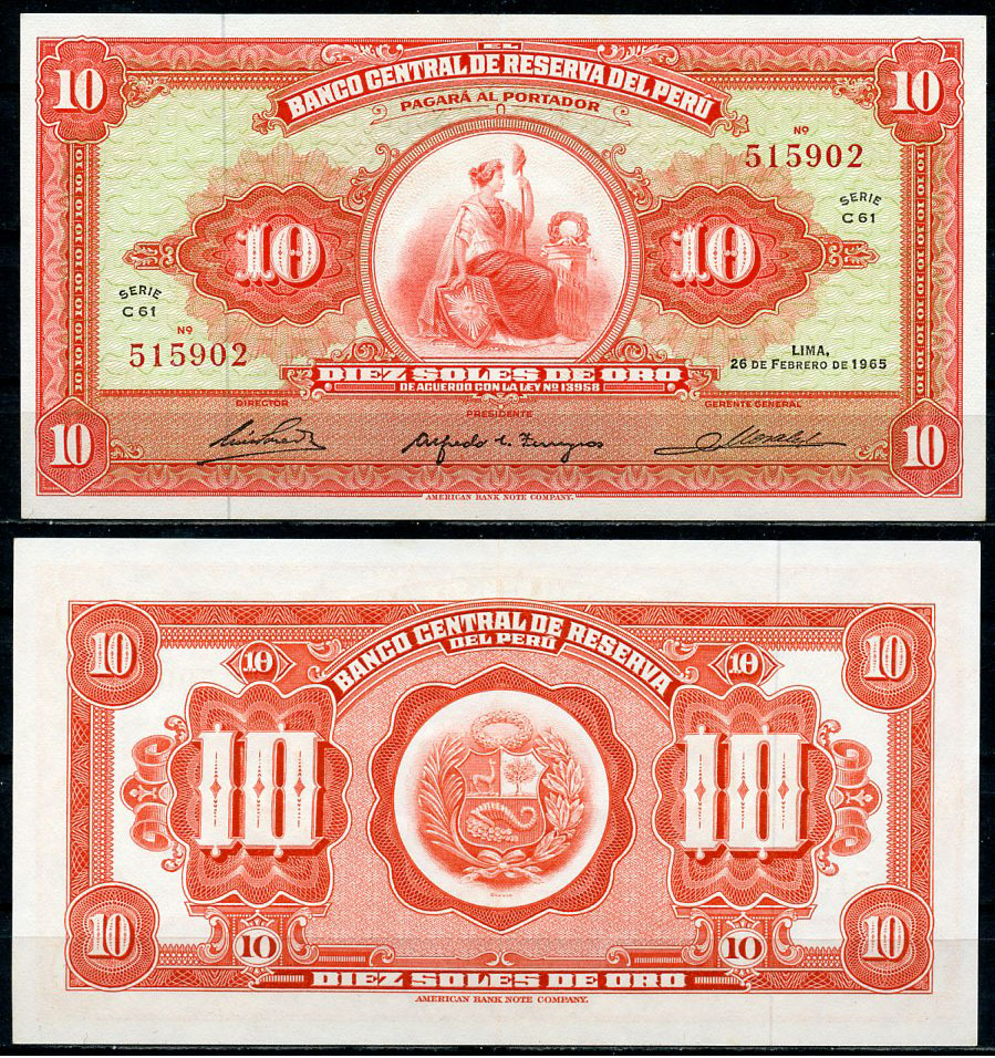 Перу 10 солей 1965 сидящая свобода, American Bank Note Company Pick 88  бумага  аUNC  3295-33-2-1