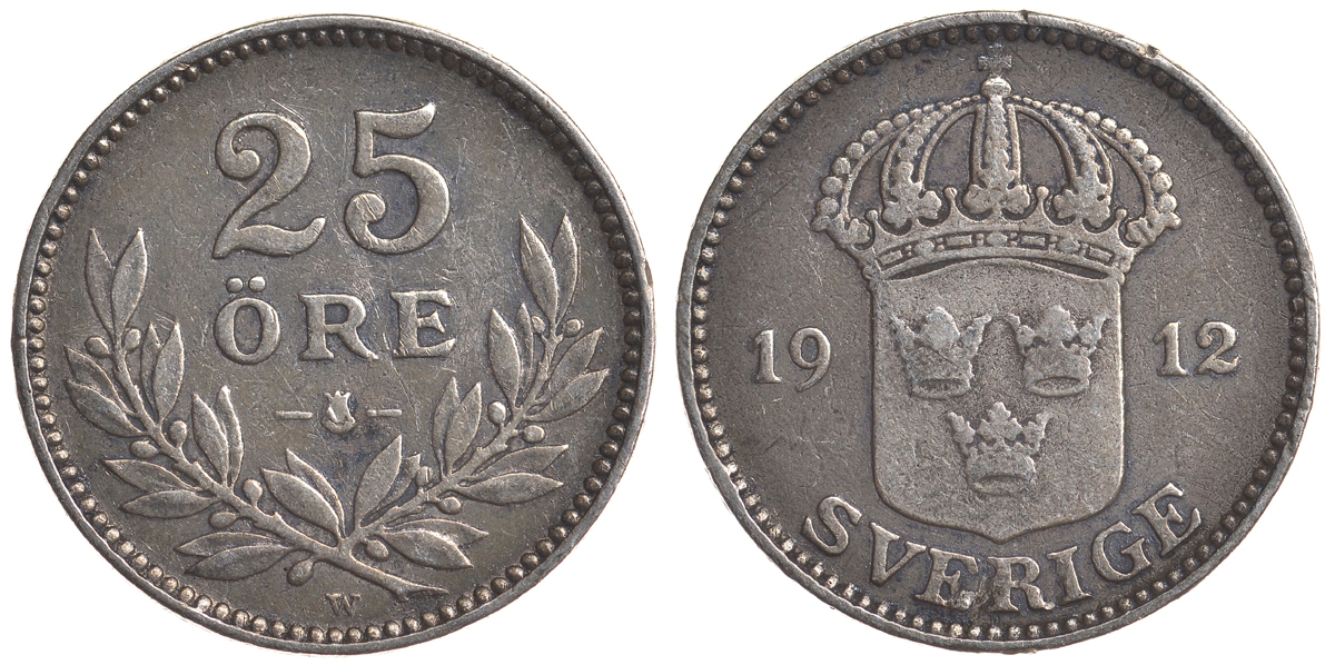 Швеция 25 эре 1912 W, Густав V (1907-1950) KM 785 серебро 4179-833