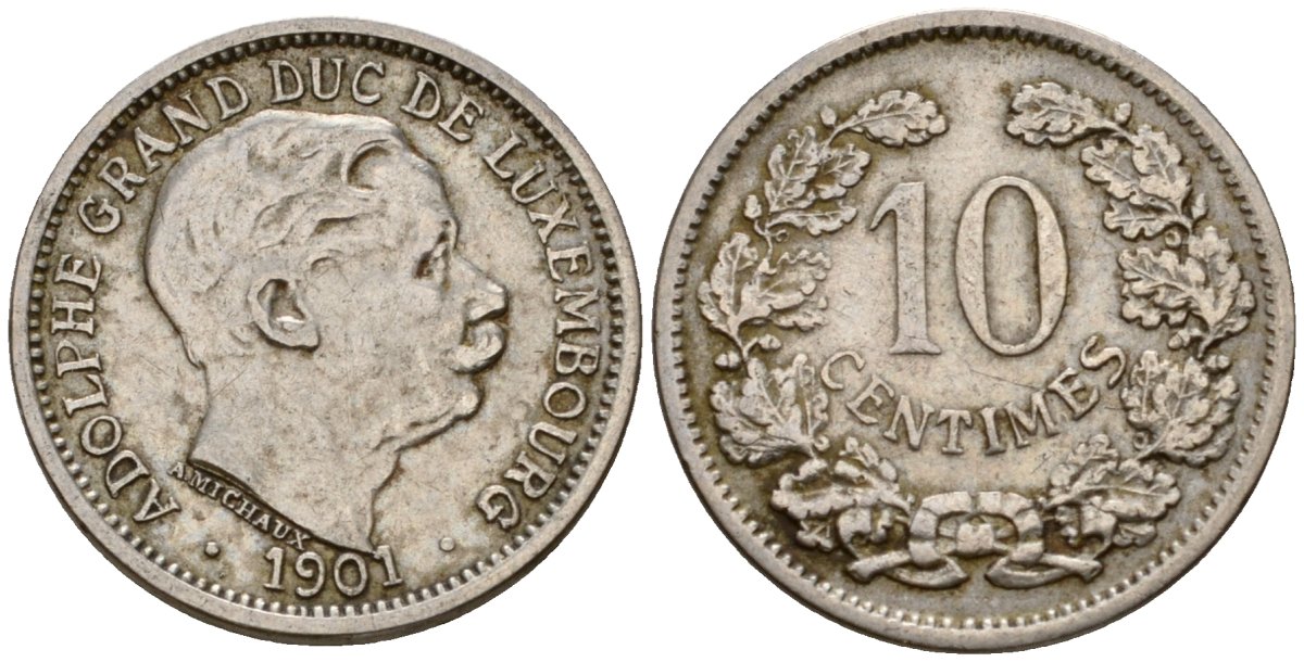 Люксембург 10 сантимов 1901 Адольф (1890-1905) KM 25 медно-никель 4602-456