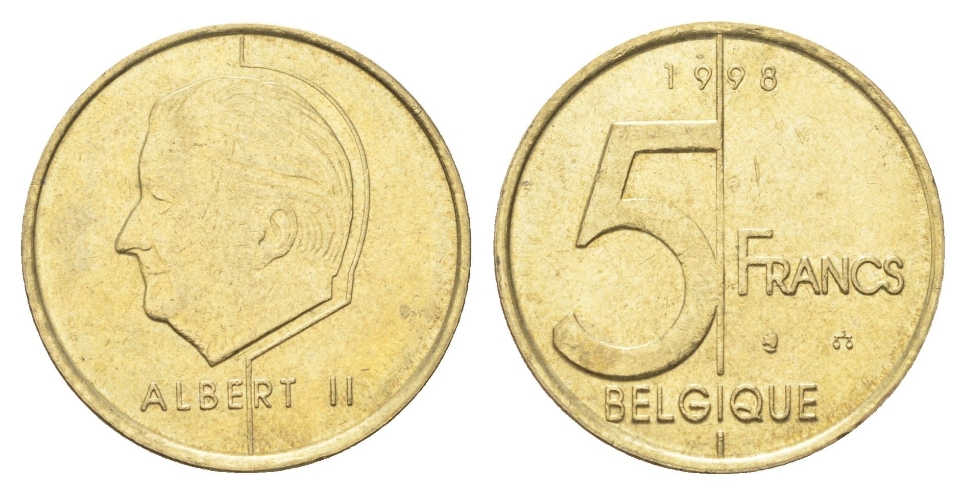 Бельгия 5 франков 1998 Belgique, Альберт II KM 189 алюминиевая бронза 4706-355