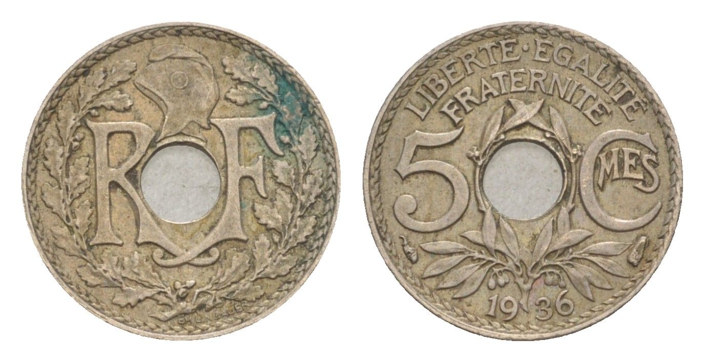 Франция 5 сантимов 1936 KM 875 медно-никель 4647-949