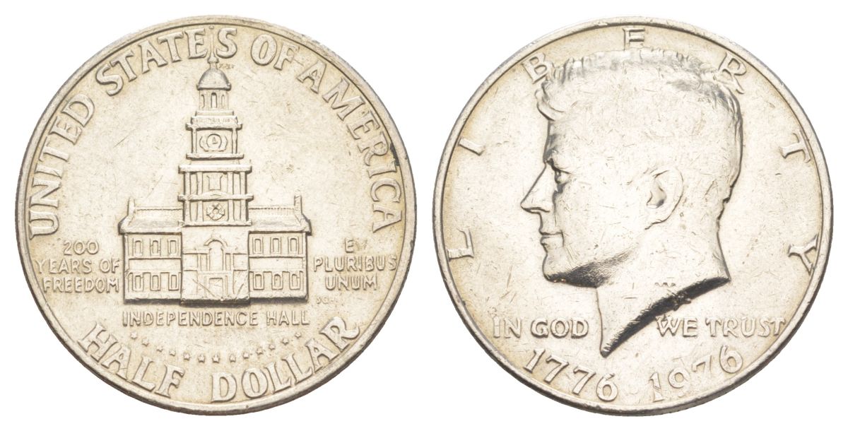 США 1/2 доллара (50 центов) 1976 200 лет независимости, Джон Кеннеди KM 205 медь плакированная медно-никелем aUNC 4545-225