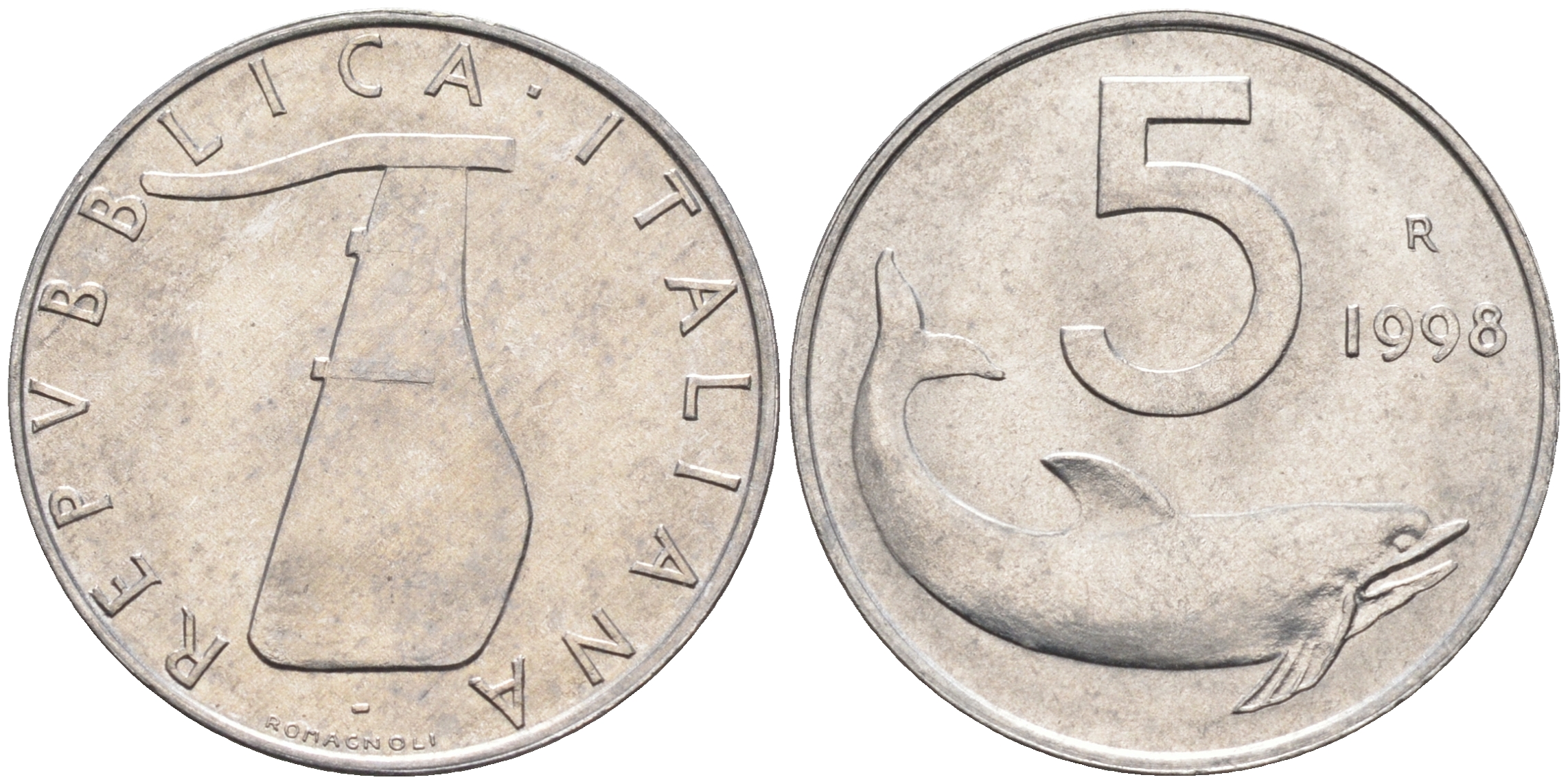Италия 5 лир 1998 R, дельфин KM 92 алюминий  UNC  4594-757