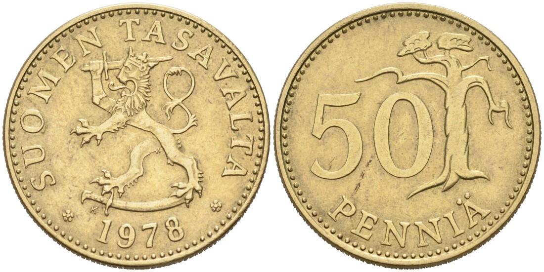 ФИНЛЯНДИЯ 50 ПЕННИ 1978 K KM 48 алюминиевая бронза 4563-434