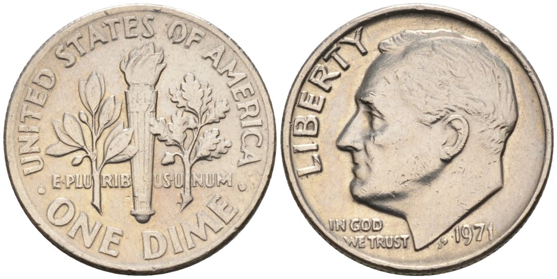 США 10 центов = дайм 1971 Рузвельт KM 195а медь плакированная медно-никелем 4564-536