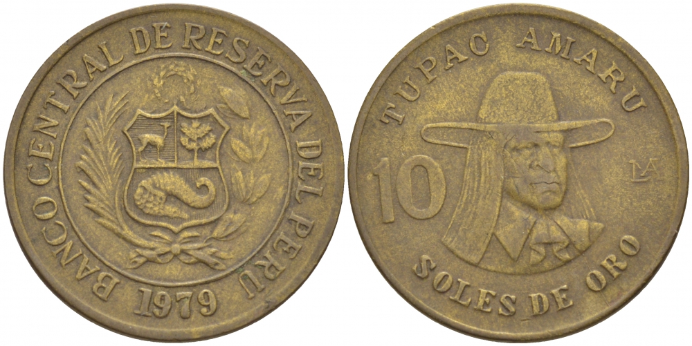 Перу 10 солей 1979 Тупак Амару II KM 272.2 латунь 3457-727