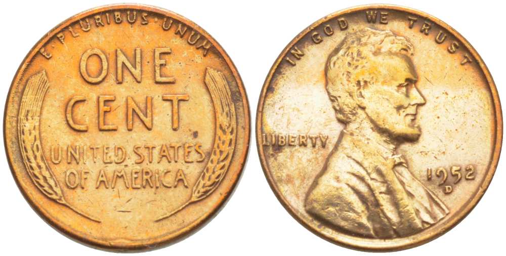 США 1 ЦЕНТ 1952 D, ЛИНКОЛЬН KM А132 медь цинк 218-967