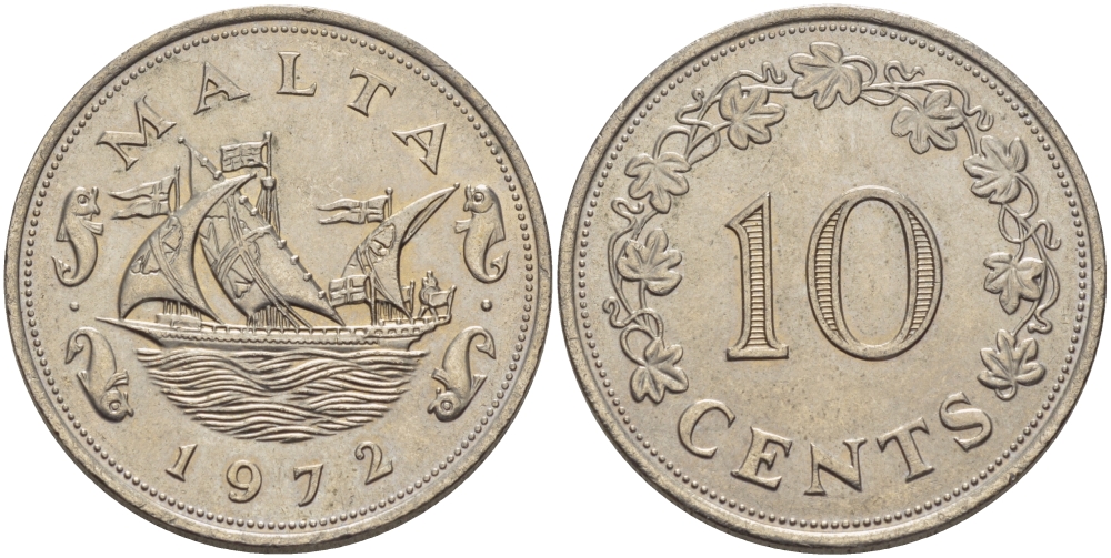 Мальта 10 центов 1972 баржа Великого магистра KM 11 медно-никель 82-626