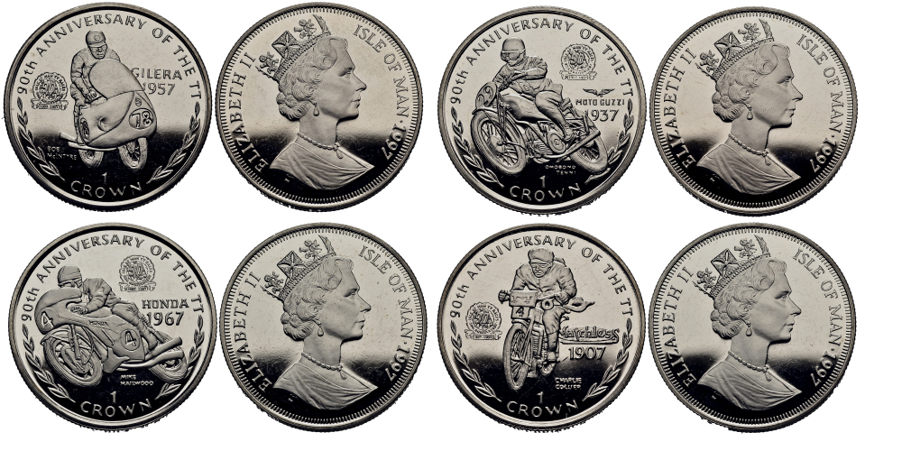 Остров Мэн 1 крона 1997 90 лет мотогонкам, коллекция из четырех монет КМ 782, 784, 786, 788 медно-никель UNC M94-08
