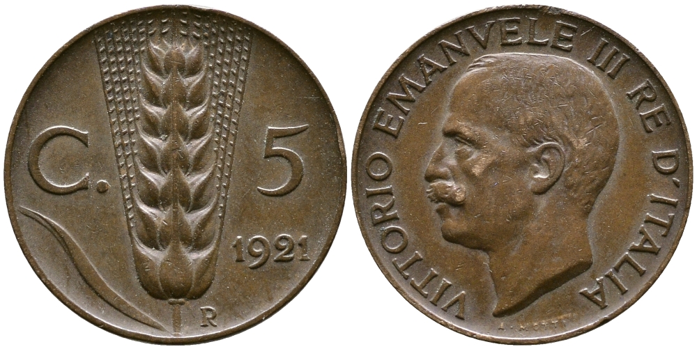 ИТАЛИЯ 5 ЧЕНТЕЗИМО 1921 R, КОЛОС KM 59 медь 87-1145