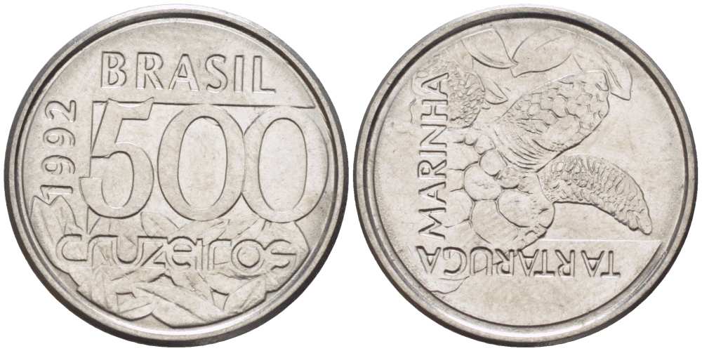 Бразилия 500 крузейро 1992 морская черепаха KM 624 нержавеющая сталь 4396-556