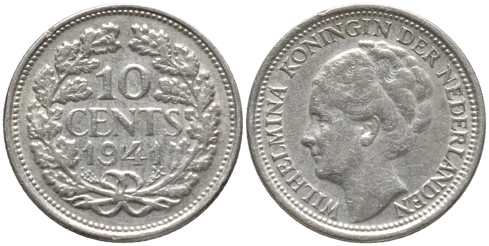 Нидерланды 10 центов 1941 Вильгельмина I (1890-1948) КМ 163 серебро 4387-912