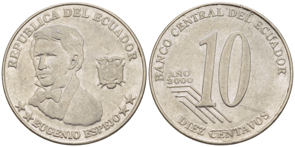 ЭКВАДОР 10 СЕНТАВО 2000 ЭУХЕНИО ЭСПЕХО KM 106 сталь 66-915