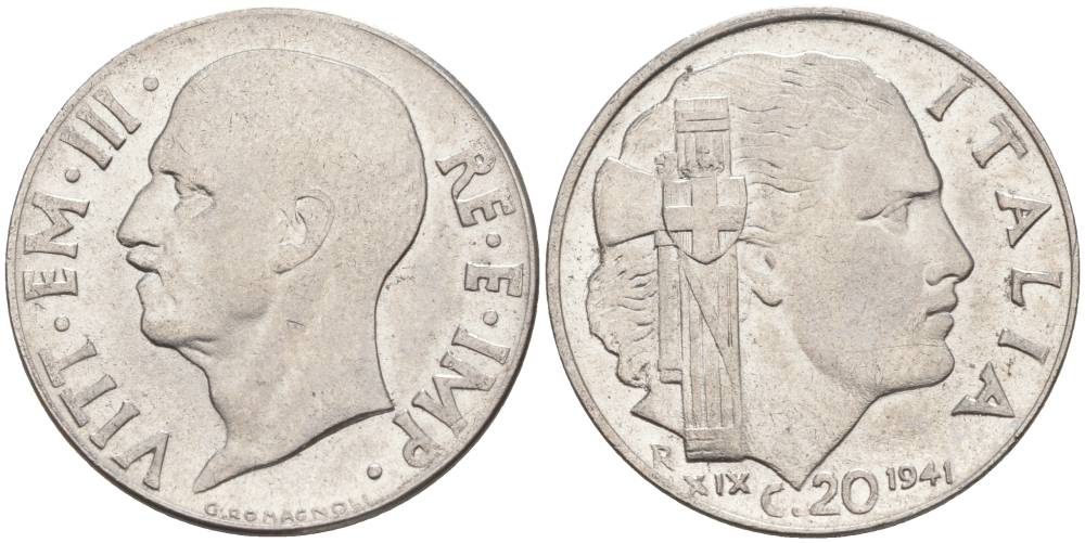 ИТАЛИЯ 20 ЧЕНТЕЗИМО 1941 R, ГОД XIX, ВИКТОР ЭММАНУИЛ III (1900-1946) KM 75b, VEM3. 1028 нержавеющая сталь 3853-821