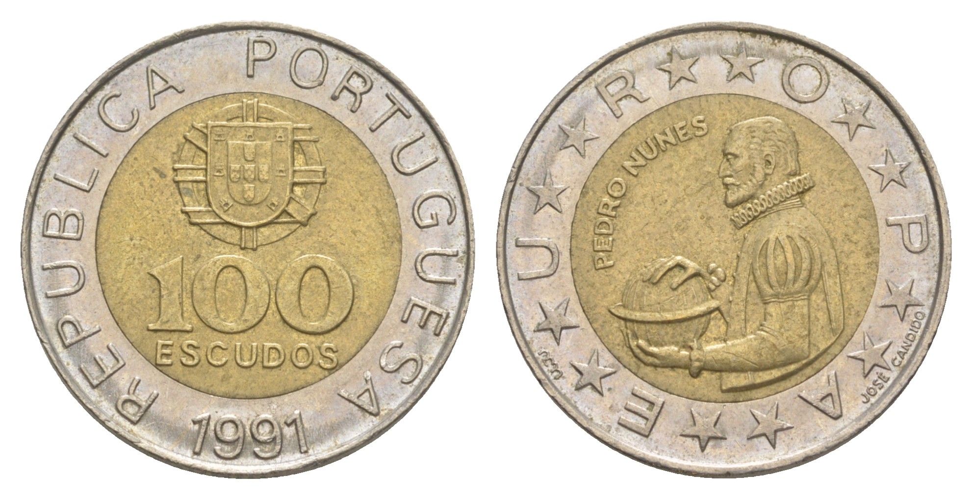 Португалия 100 эскудо 1991 Педру Нуниш (1502-1578), математик KM 645 биметалл 4388-422