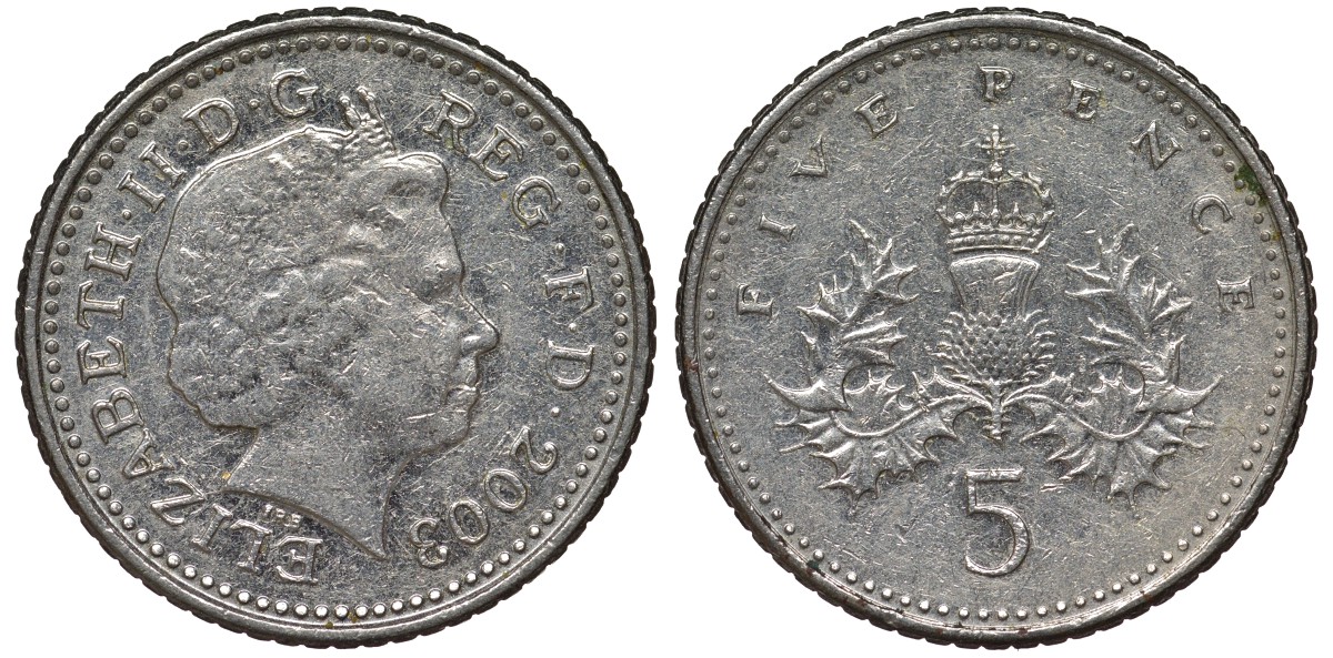 Великобритания 5 пенсов 2003 Елизавета II (1952-2022) KM 988, Spink 4670 (D5) медно-никель 4124-662