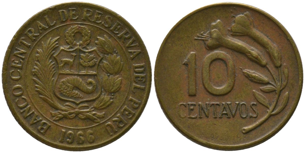 Перу 10 сентаво 1966 KM 245.1 латунь 4532-157