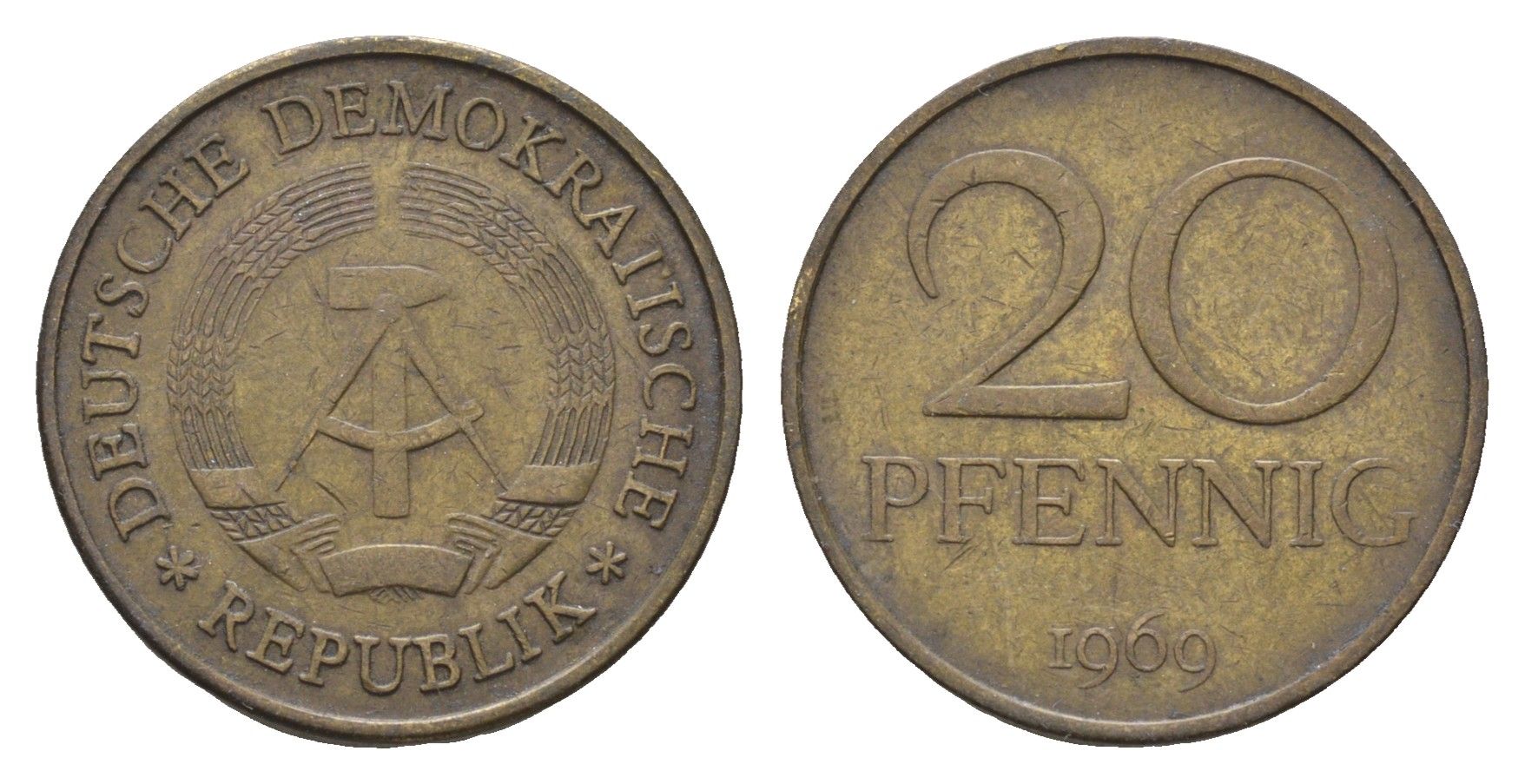 ГДР 20 пфеннигов 1969 KM 11 латунь 4641-1134