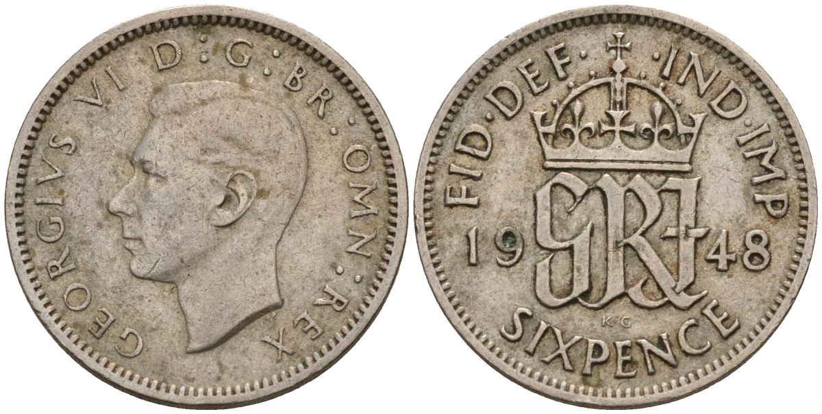 Великобритания 6 пенсов 1948 Георг VI (1936-1952) KM 862, Spink 4105 медно-никель 4154-229