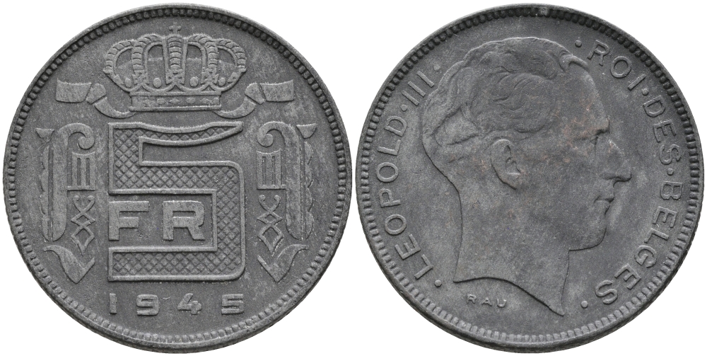 БЕЛЬГИЯ 5 ФРАНКОВ 1945 BELGES, ГЕРМАНСКАЯ ОККУПАЦИЯ, ВТОРАЯ МИРОВАЯ ВОЙНА KM 129.1 цинк 94-113