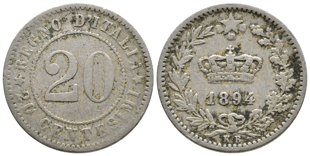 ИТАЛИЯ 20 ЧЕНТЕЗИМО 1894 K.B KM 28.1 медно-никель 177-1054