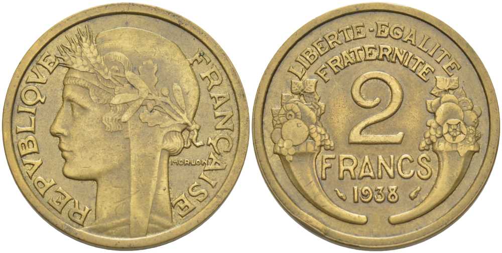 ФРАНЦИЯ 2 ФРАНКА 1938 ТИП MORLON KM 886, LE FRANC 268.11 алюминиевая бронза 180-523