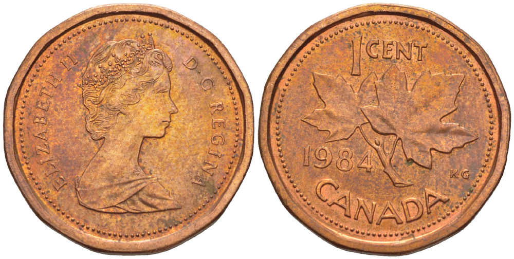 КАНАДА 1 ЦЕНТ 1984 КЛЕНОВЫЙ ЛИСТ, ЕЛИЗАВЕТА II (1953-) KM 132 бронза 26-417