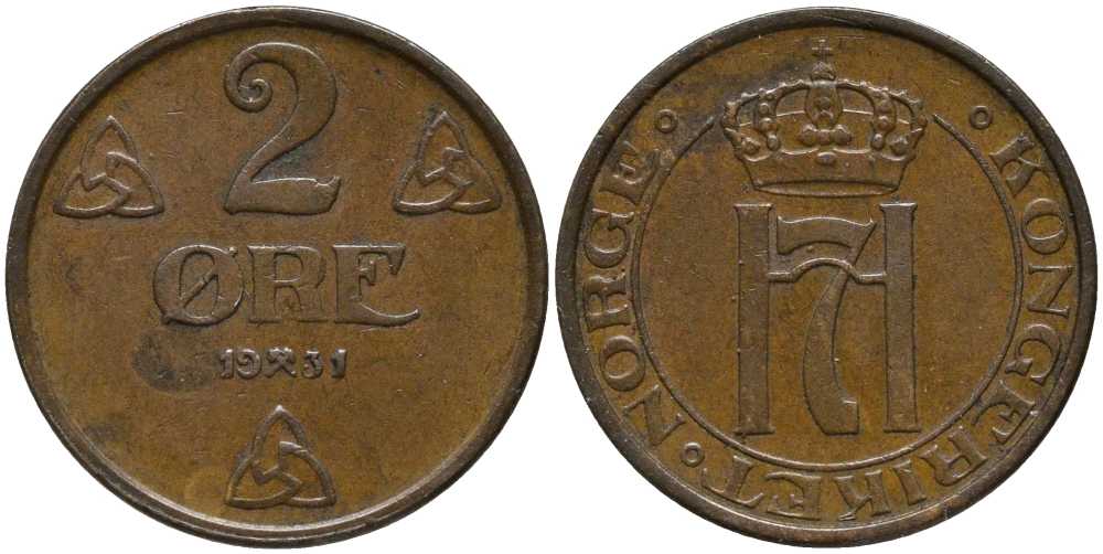 НОРВЕГИЯ 2 ЭРЕ 1931 ХОКОН VII (1905-1957) KM 371 бронза 202-625
