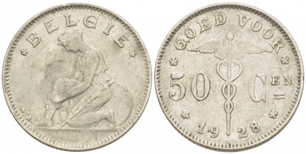 БЕЛЬГИЯ 50 САНТИМОВ 1928 BELGIE KM 88 никель 261-1166