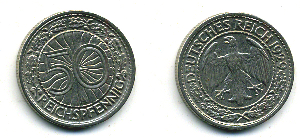 Германия 50 рейхспфеннигов 1929 А KM 49, J. 324 никель 58-524