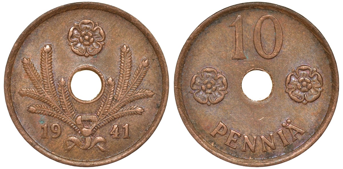 Финляндия 10 пенни 1941 KM 33.1 медь 51-3627