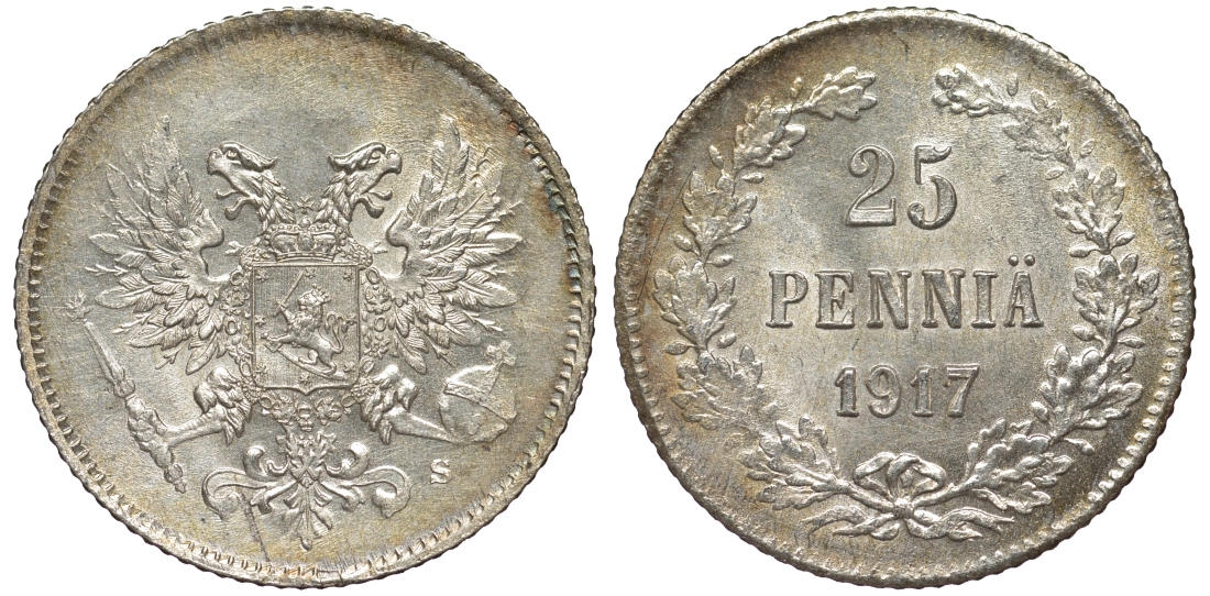 Россия для Финляндии 25 пенни 1917 S, временное правительство, без короны KM 19, Биткин 2 серебро 75-1431