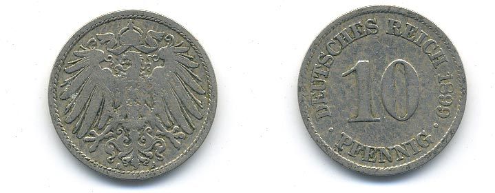 ГЕРМАНИЯ 10 ПФЕННИГОВ 1899 A KM 12, J. 13 медно-никель 58-215