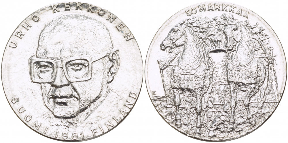 Финляндия 50 марок 1981 К, 80 лет президенту Кекконену KM 59 серебро UNC 1515-1324