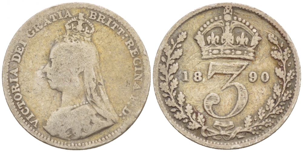 Великобритания 3 пенса 1890 Виктория (1837-1901) KM 758, Spink 3931 серебро 4547-916