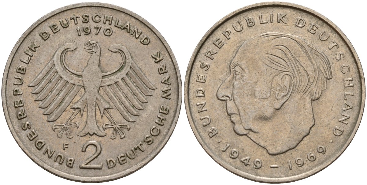 ФРГ 2 марки 1970 F, Конрад Аденауэр KM 124, J. 406 медно-никель 4159-1154